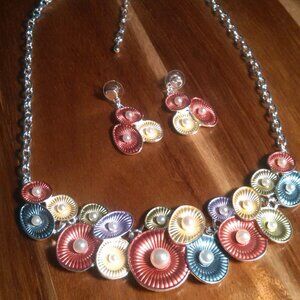 Enameled Floral and Simulated Pearl Silvertone Necklace and Dangle Earrings Set
